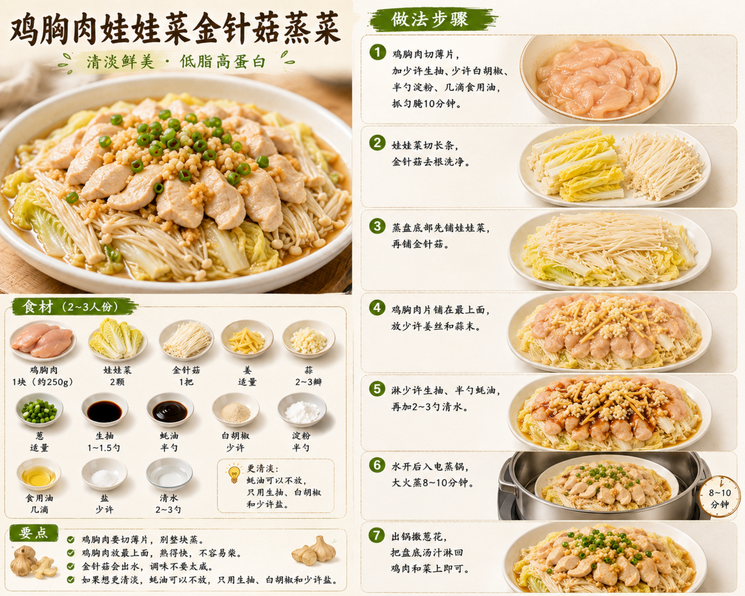 鸡胸肉娃娃菜金针菇蒸菜